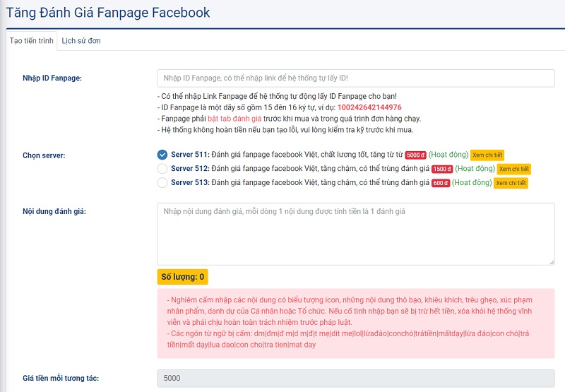 Hoàn thành thông tin đơn hàng tăng đánh giá fanpage Facebook tại hacklikefb